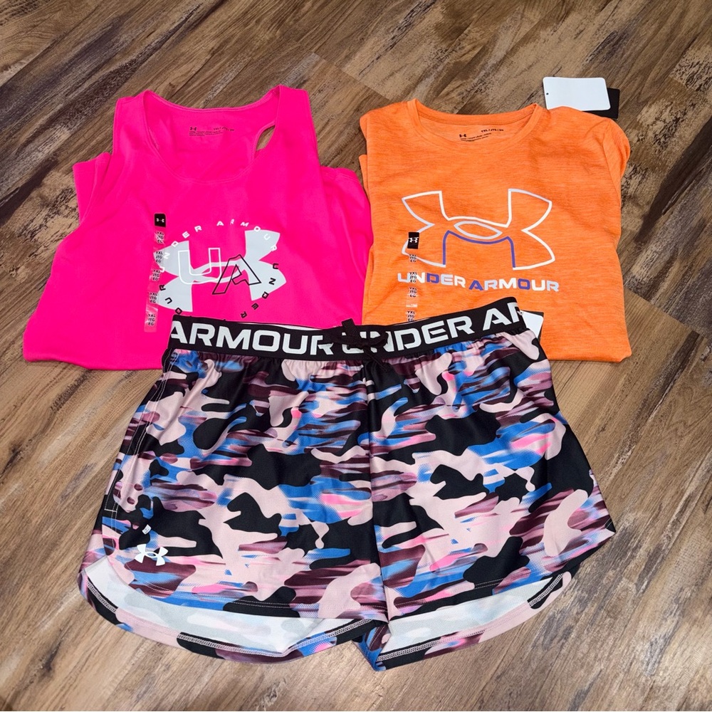Girls’ Youth XL Under Armour lot tank top, tshirt & shorts NWT